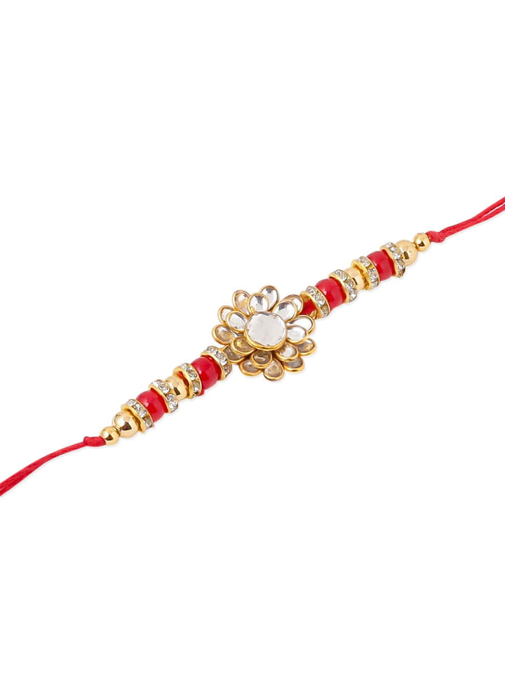NVR Unisex Red Kundan Studded Floral  Thread Rakhi with Roli Chawal Chandan Mishri