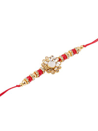 NVR Unisex Red Kundan Studded Floral  Thread Rakhi with Roli Chawal Chandan Mishri