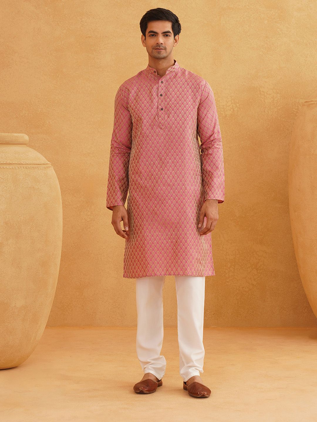 SOJANYA Woven Design Mandarin Collar Kurta with Churidar & Nehru Jacket
