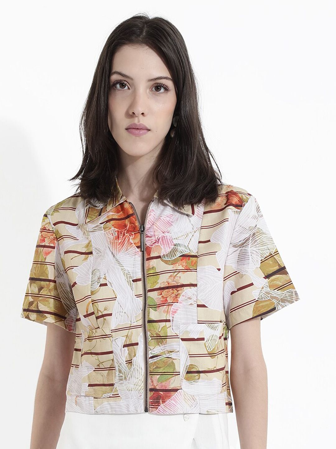 Rareism Strip Horizontal Cotton Shirt Gaya Atas