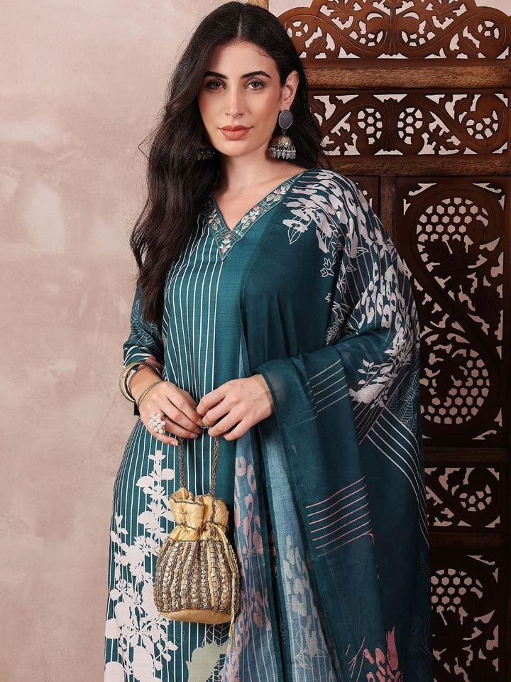 KALINI Abstract Printed Thread Work Straight Kurta with Trousers & Dupatta