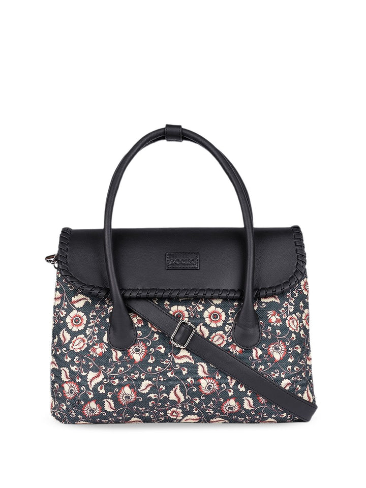 ZOUK Floral Printed Structured Jute Handheld Bag