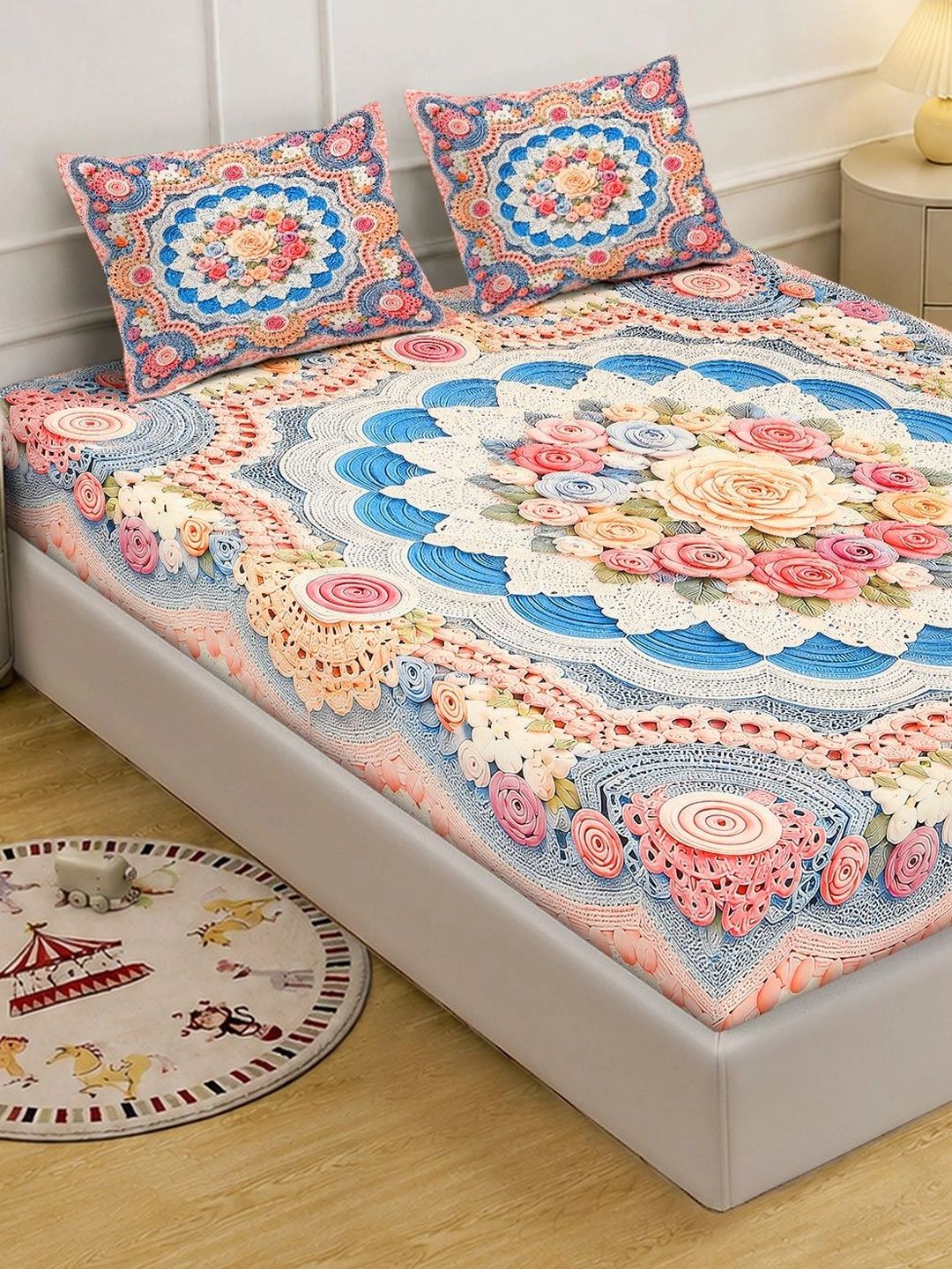 Myntra Elegant Homes Multicoloured Floral 400 TC King Bedsheet with 2 Pillow Covers