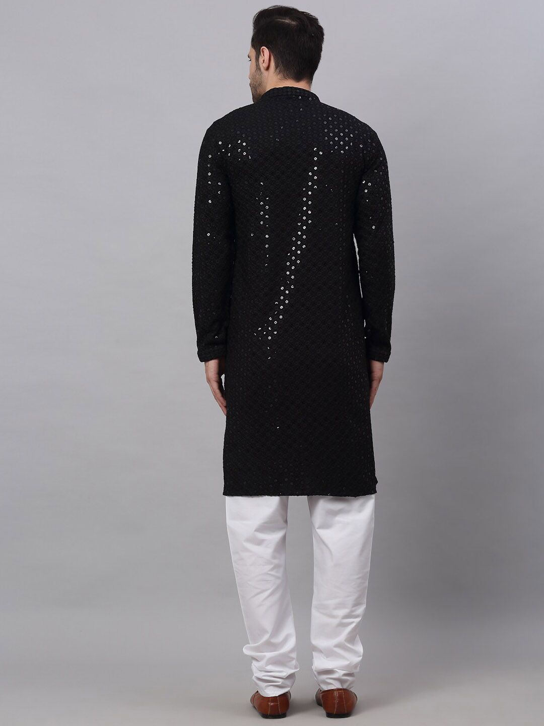 Jompers Men Black Floral Embroidered Chikankari Pure Cotton Kurta with Churidar