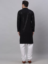 Jompers Men Black Floral Embroidered Chikankari Pure Cotton Kurta with Churidar