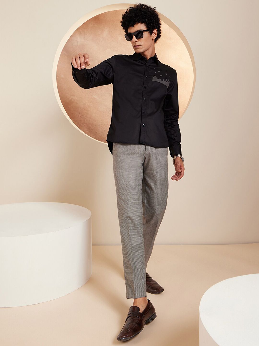 DENNISON Smart Abstract Printed Spread Collar Long Sleeve Cotton Shirt