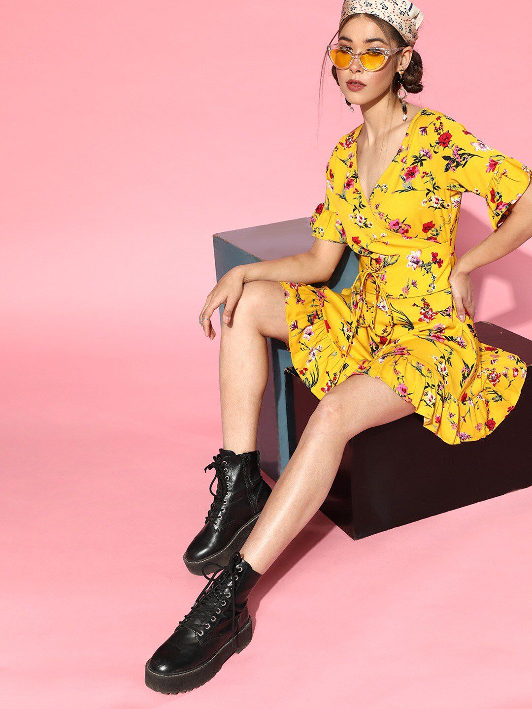Berrylush Yellow Floral Crepe Dress
