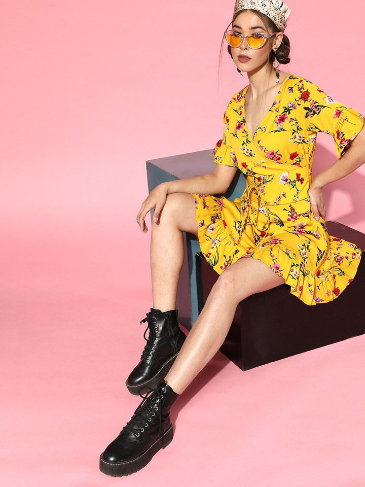 Berrylush Yellow Floral Crepe Dress