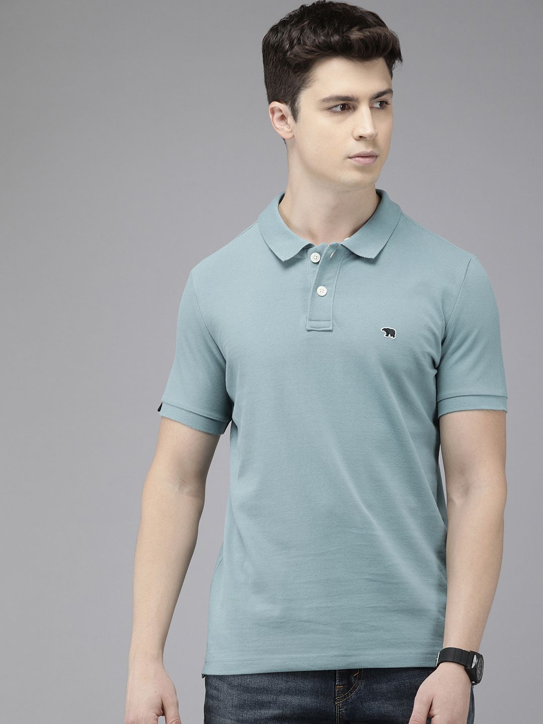 THE BEAR HOUSE Men Teal Polo Collar Slim Fit T-shirt