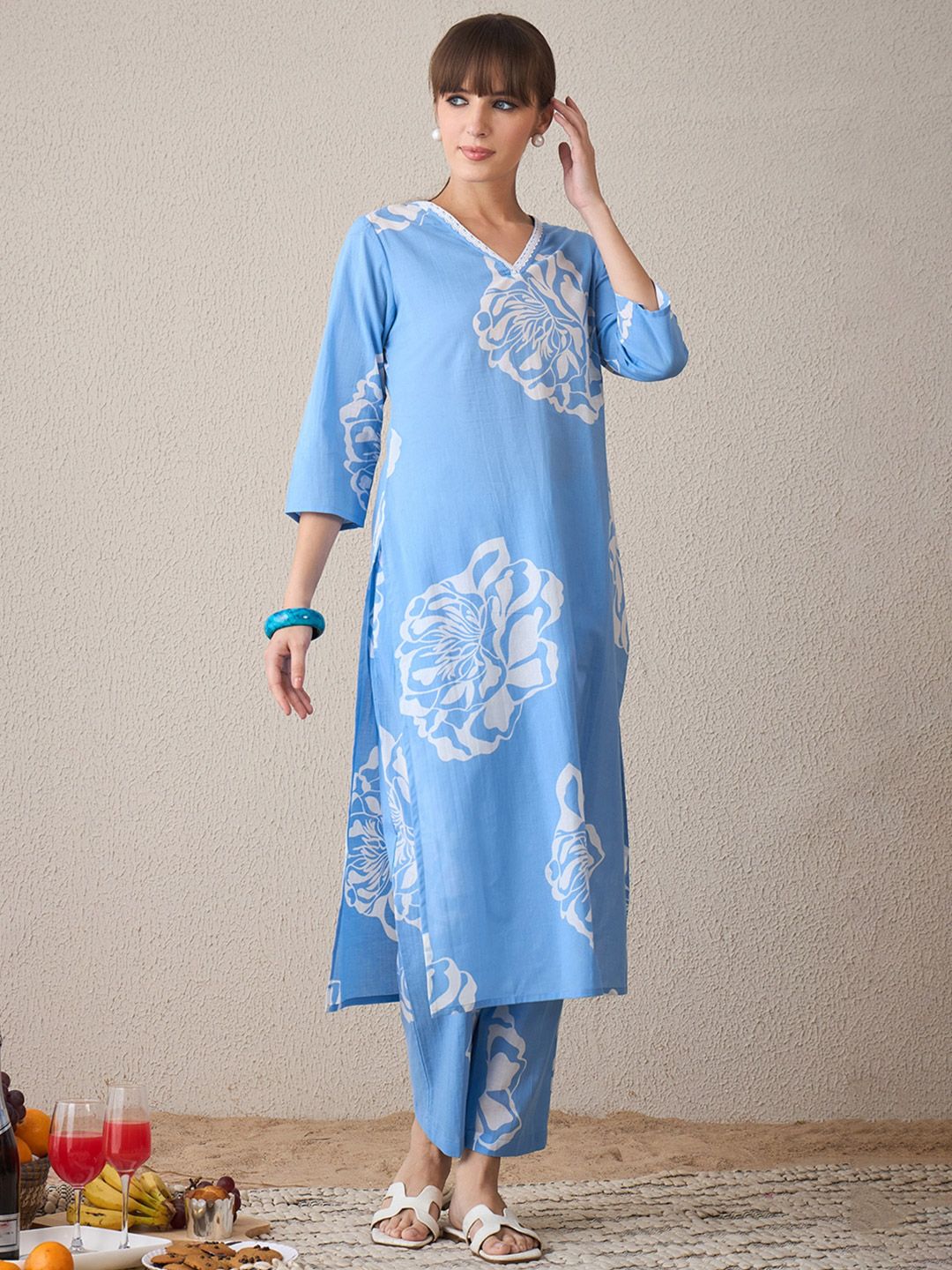 Indo Era Floral Printed V-Neck Pure Cotton Straight Kurta With Trousers