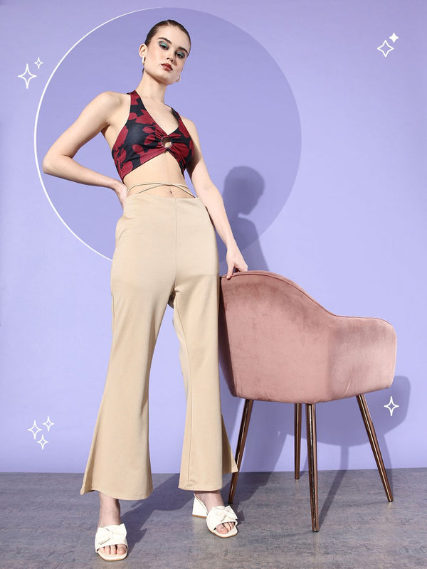 Dressberry Women Earthy Beige Waist Tie-Up Detail Hardware Trousers