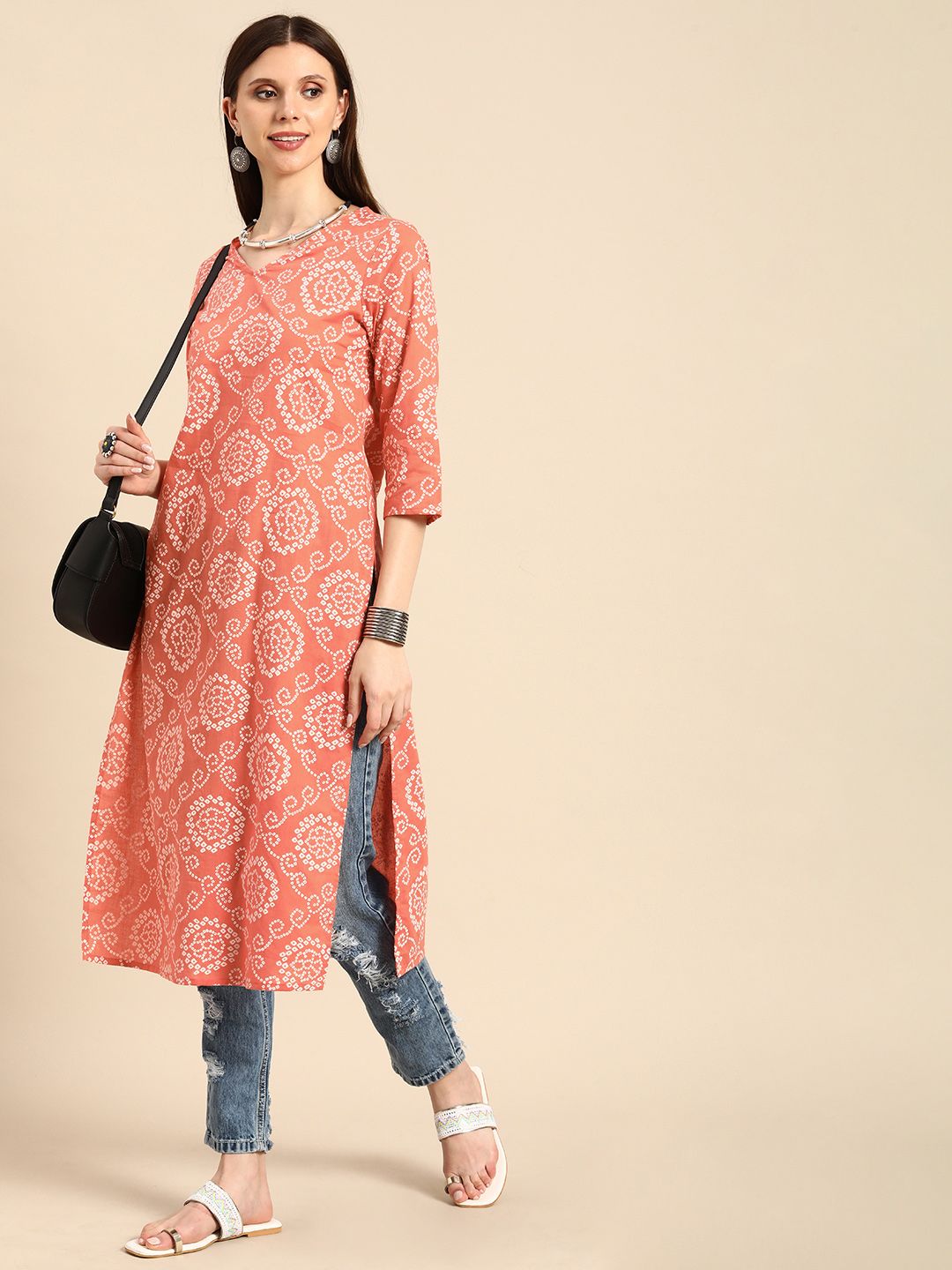 Anouk Women Coral Orange & White Bandhani Printed V-Neck Pure Cotton Straight Kurta
