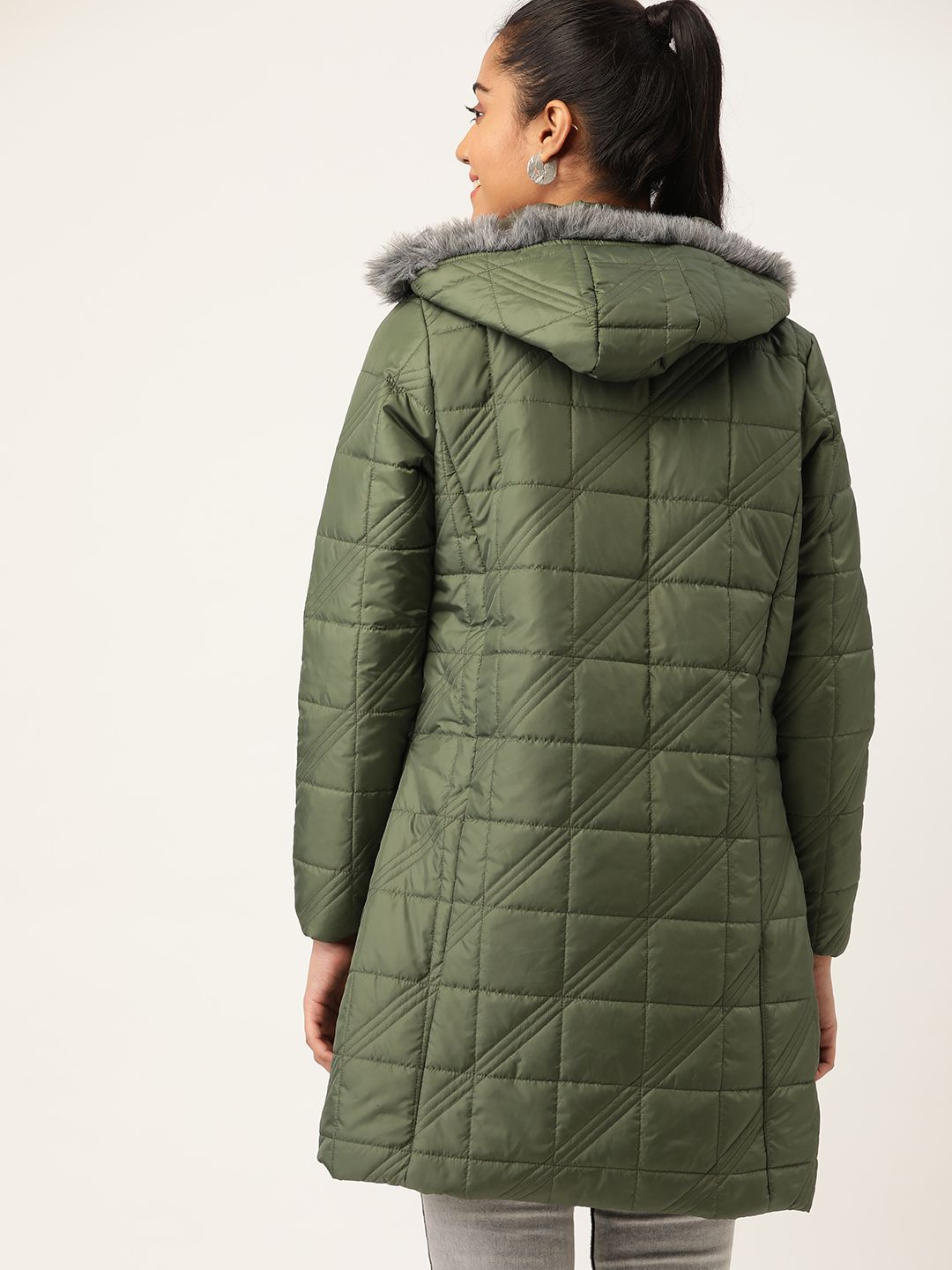 DressBerry Women Olive Green Self Design Quilted Jacket