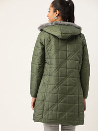 DressBerry Women Olive Green Self Design Quilted Jacket