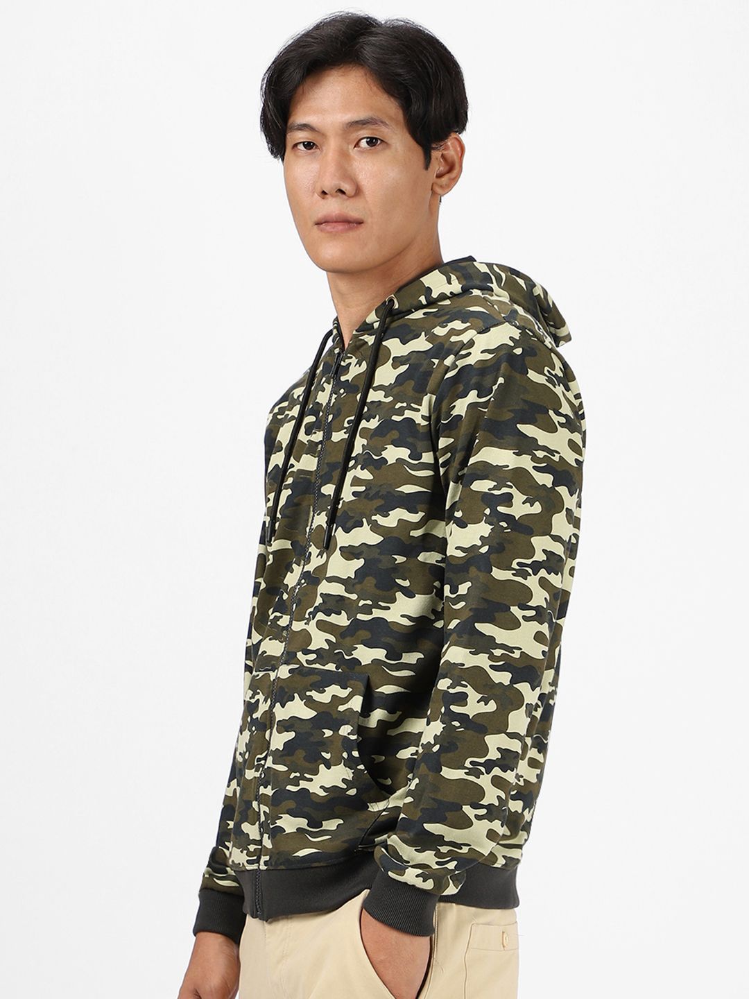 Urbano Fashion Men Olive Green & Black Printed Cotton Hooded Sweatshirt