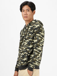 Urbano Fashion Men Olive Green & Black Printed Cotton Hooded Sweatshirt