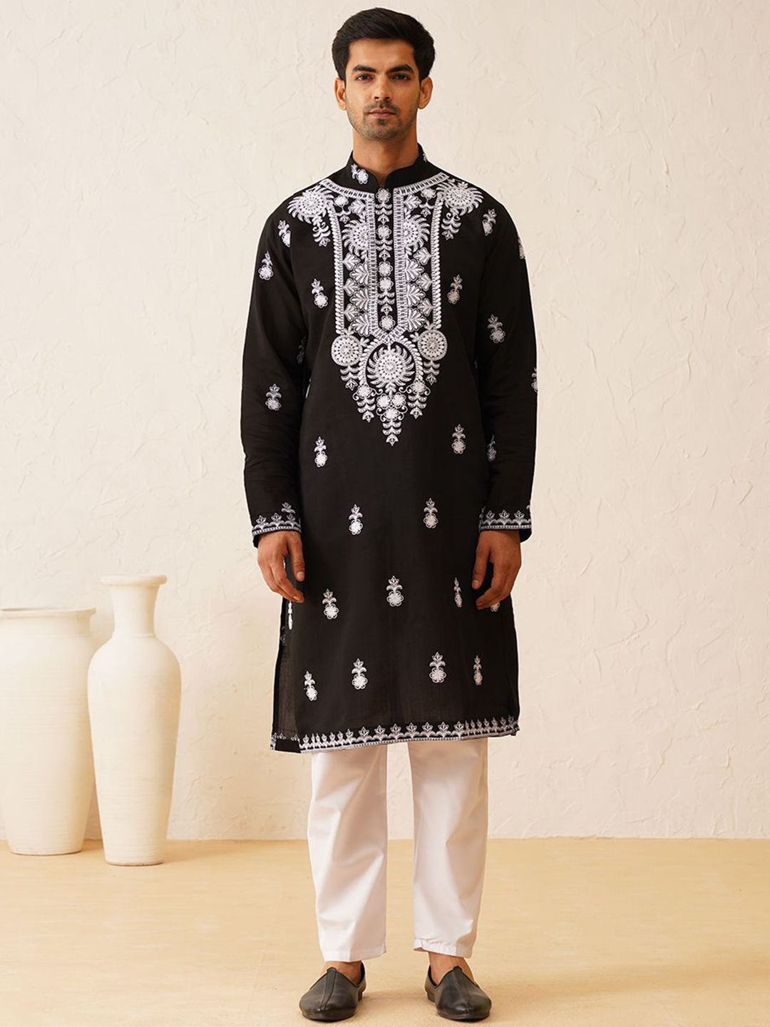 SOJANYA LUXE Embroidered Mandarin Collar Long Sleeves Cotton Straight Kurta