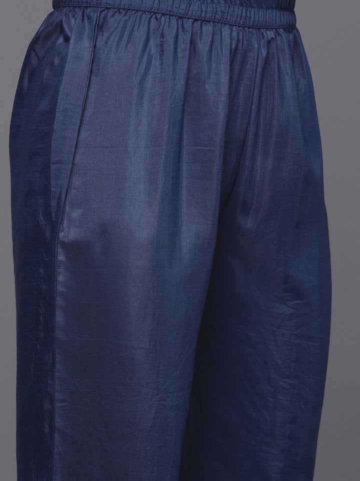 Varanga Women Navy Blue Printed Sequinned Chanderi Silk Kurta with Trousers