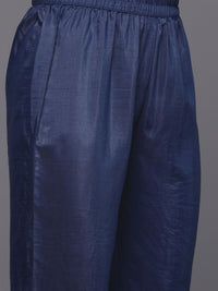 Varanga Women Navy Blue Printed Sequinned Chanderi Silk Kurta with Trousers