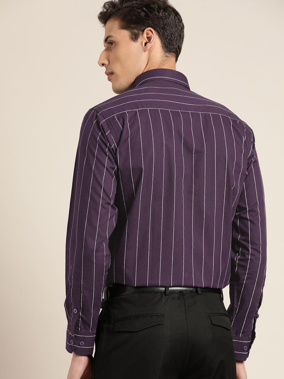 Hancock Men Purple Slim Fit Striped Pure Cotton Formal Shirt