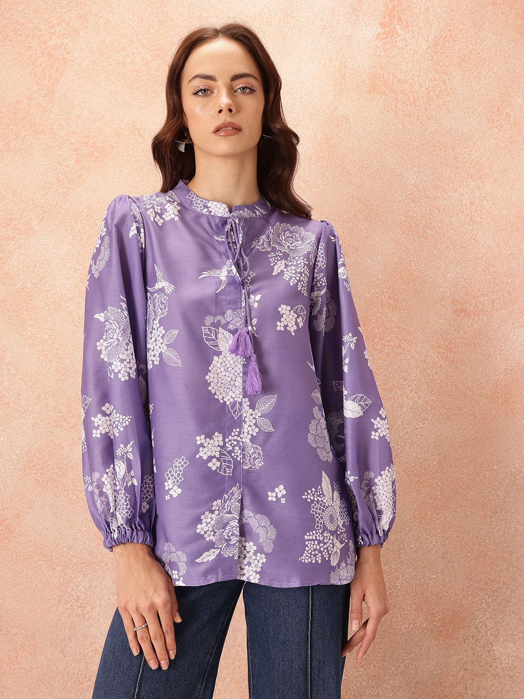 all about you Floral Print Tie-Up Neck Puff Sleeve Top