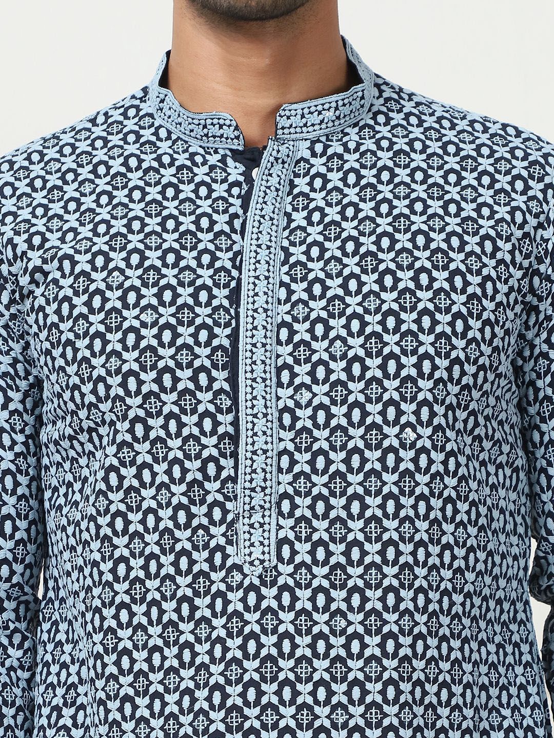 Anouk Blue Floral Embroidered Sequinned Mandarin Collar Regular Kurta with Pyjamas