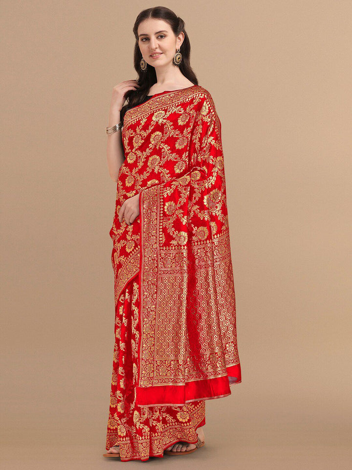KALINI Red & Golden Floral Zari Silk Blend Banarasi Saree