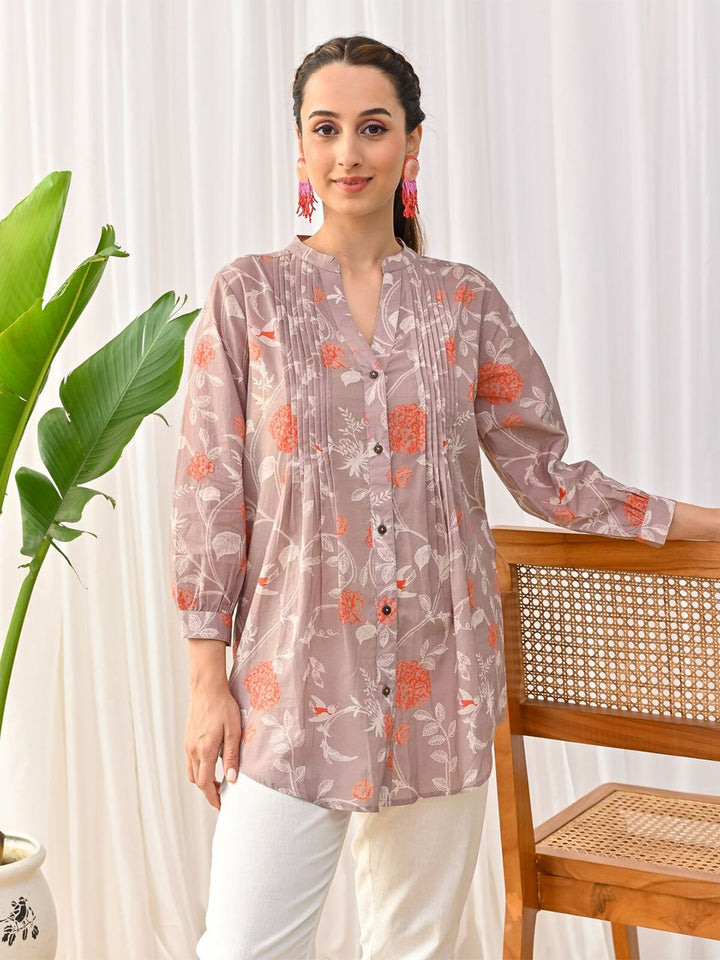 Rustorange Floral Printed Cotton Mandarin Collar Tunic