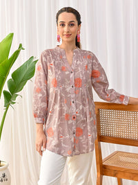 Rustorange Floral Printed Cotton Mandarin Collar Tunic