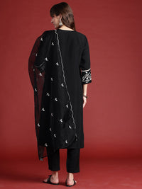 Indo Era Floral Embroidered Thread Work Kurta With Trousers & Dupatta