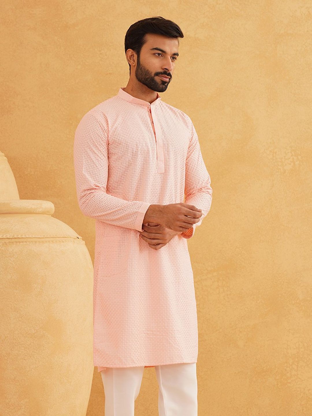 SOJANYA Kurta Katun Tulen Bersulam Geometrik Kolar Mandarin Lurus