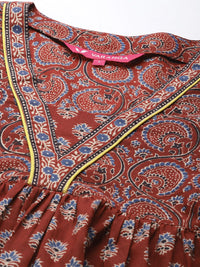 Varanga Women Maroon Alia cut Ethnic Jaipuri Printed A line Pure Cotton Kurta