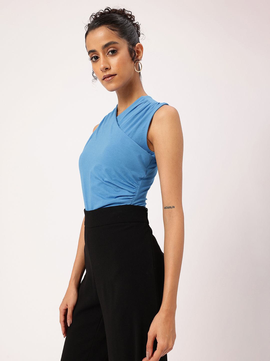 Feminine Blue Wrap Bliss Gathers Bodysuit