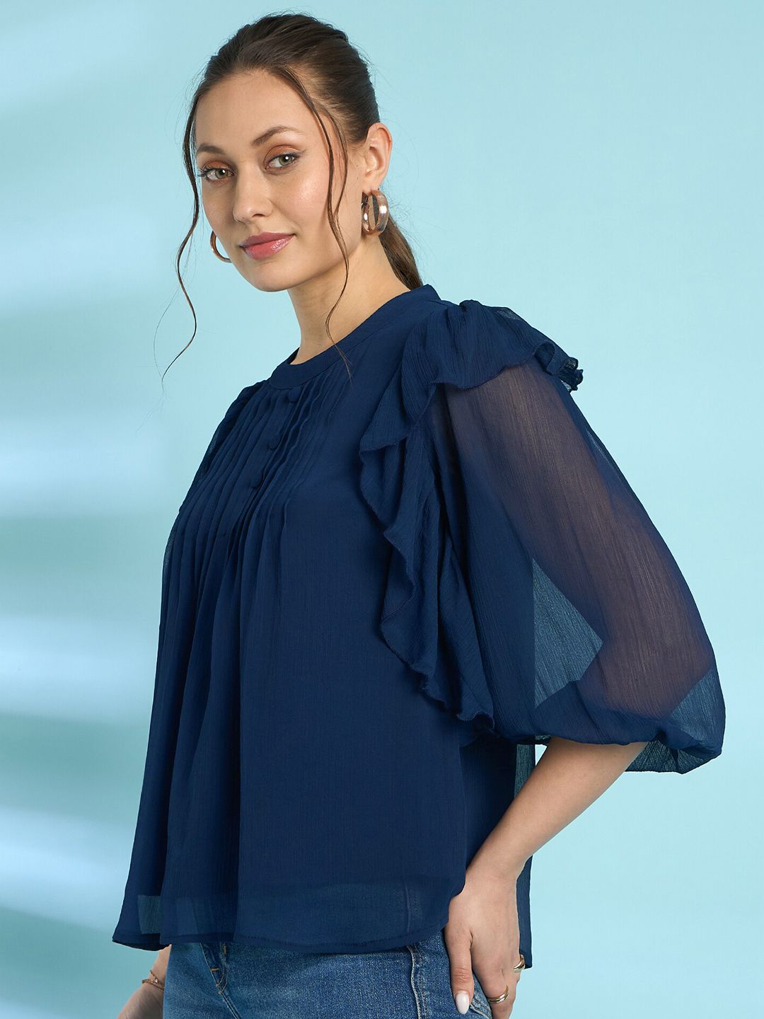 Antheaa Navy Round Neck Flared Sleeve Chiffon A-Line Top