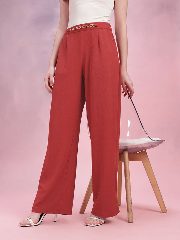 DressBerry Women Metallic Chain Detail Textured Pleated Trousers