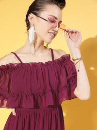 Athena Women Deep Burgundy Solid Feminine Frills Dress