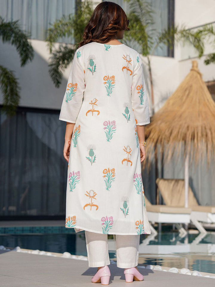 Indo Era Floral Printed Pure Cotton A-Line Kurta with Trousers
