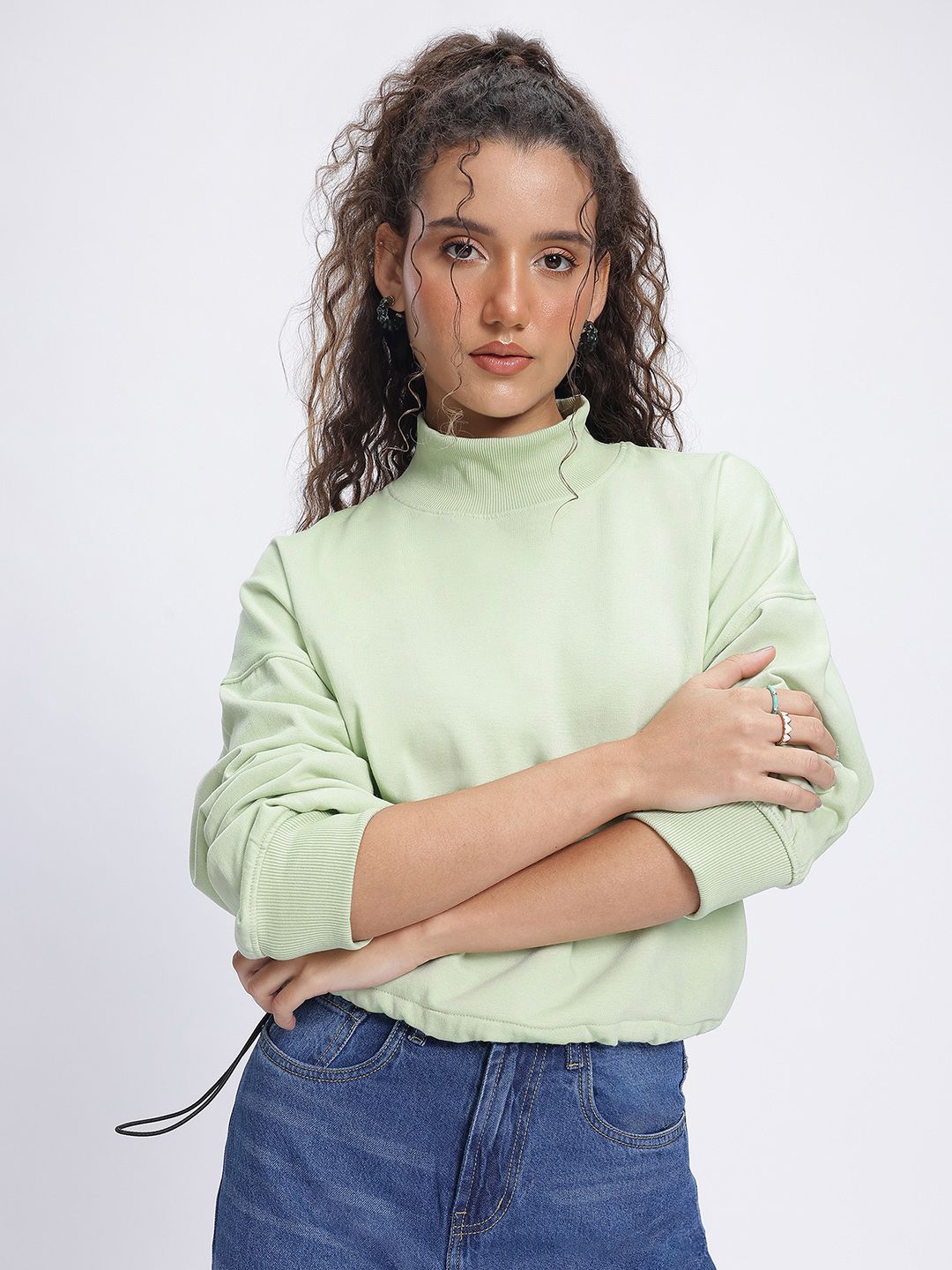 DressBerry High Neck Drop-Shoulder Crop Sweatshirt