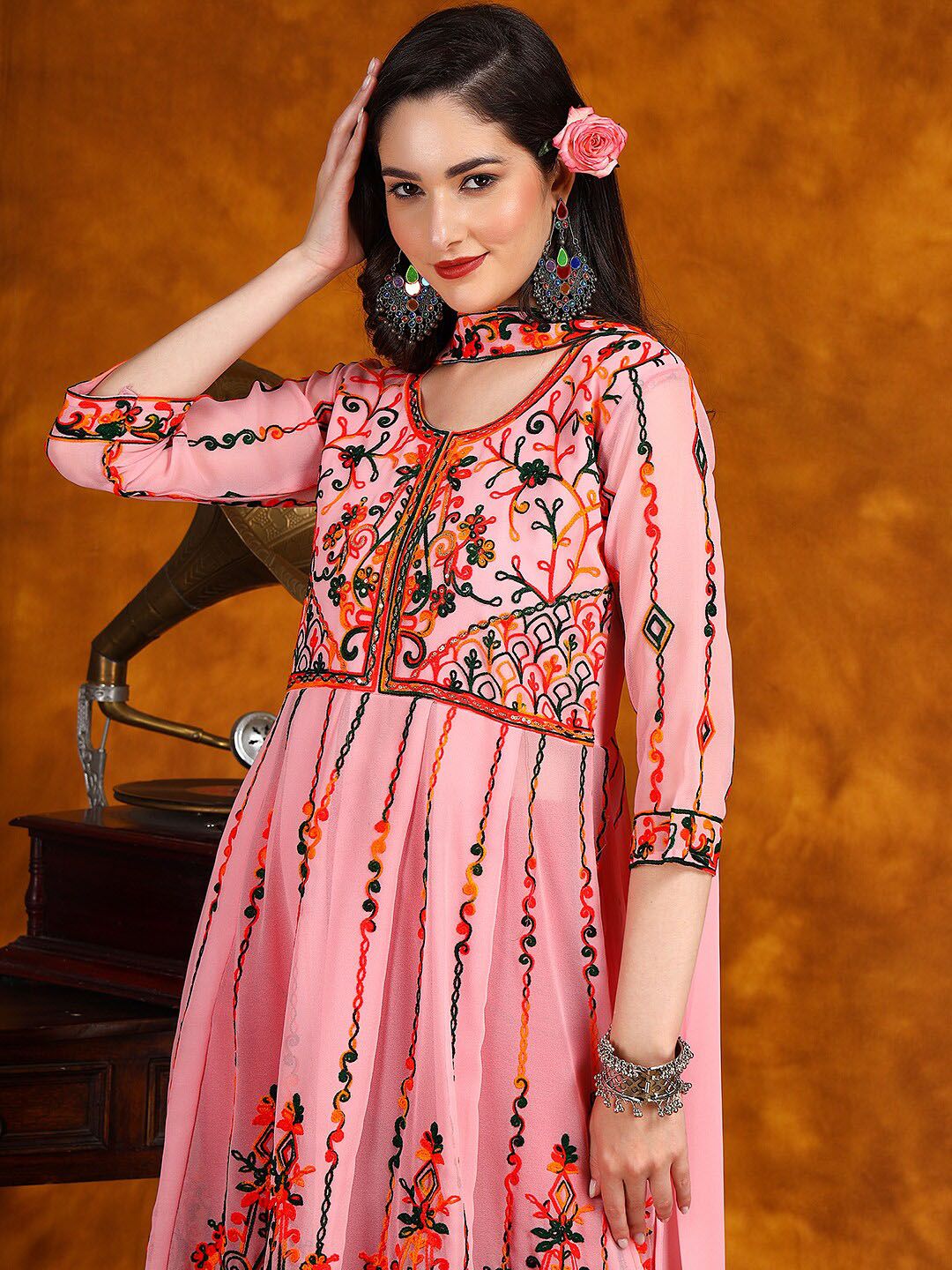 KALINI Ethnic Motifs Embroidered Anarkali Kurta With Dupatta Set