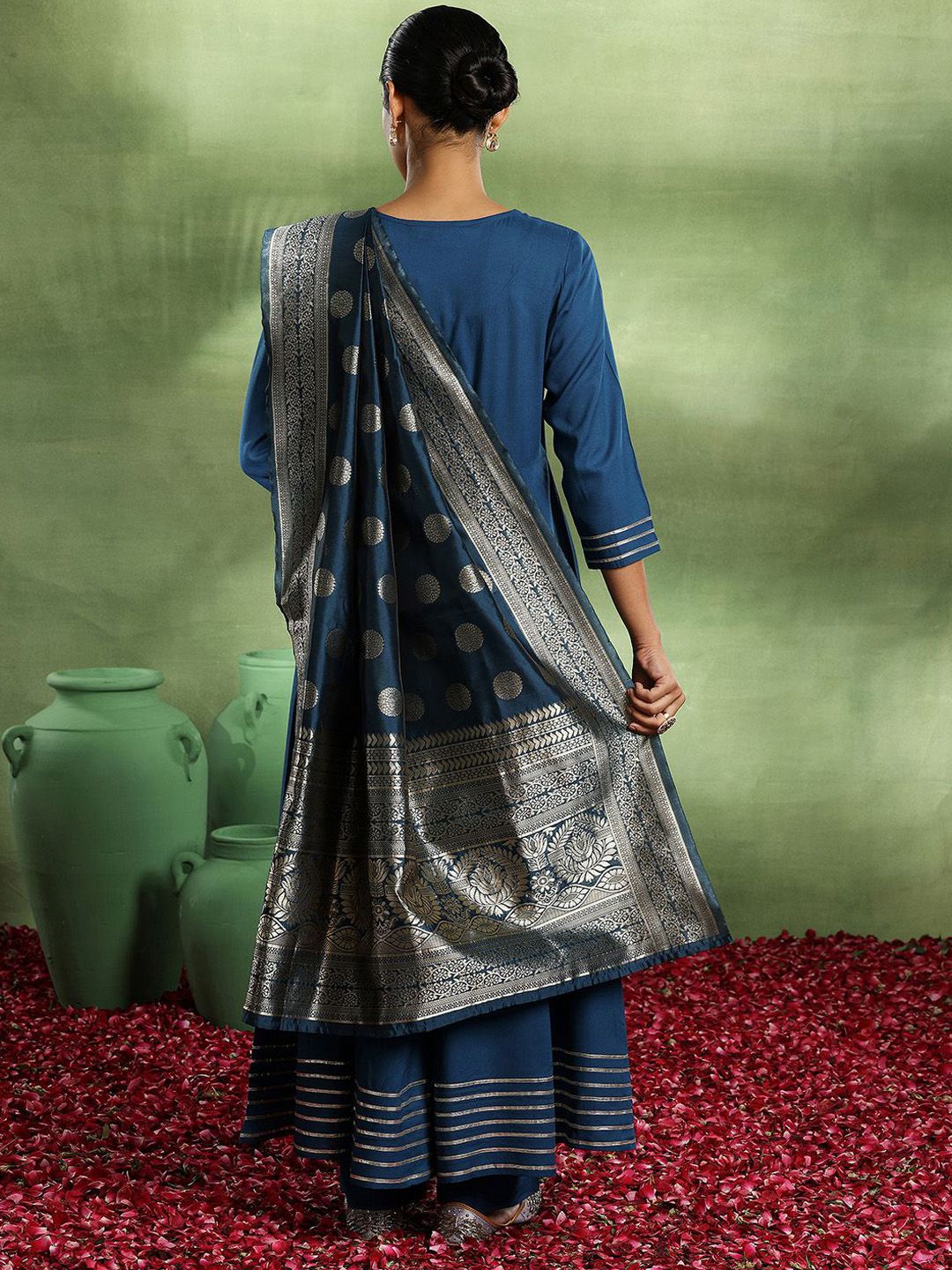 Libas Womens Teal Yoke Design Viscose Anarkali Kurta With Trousers & Dupatta