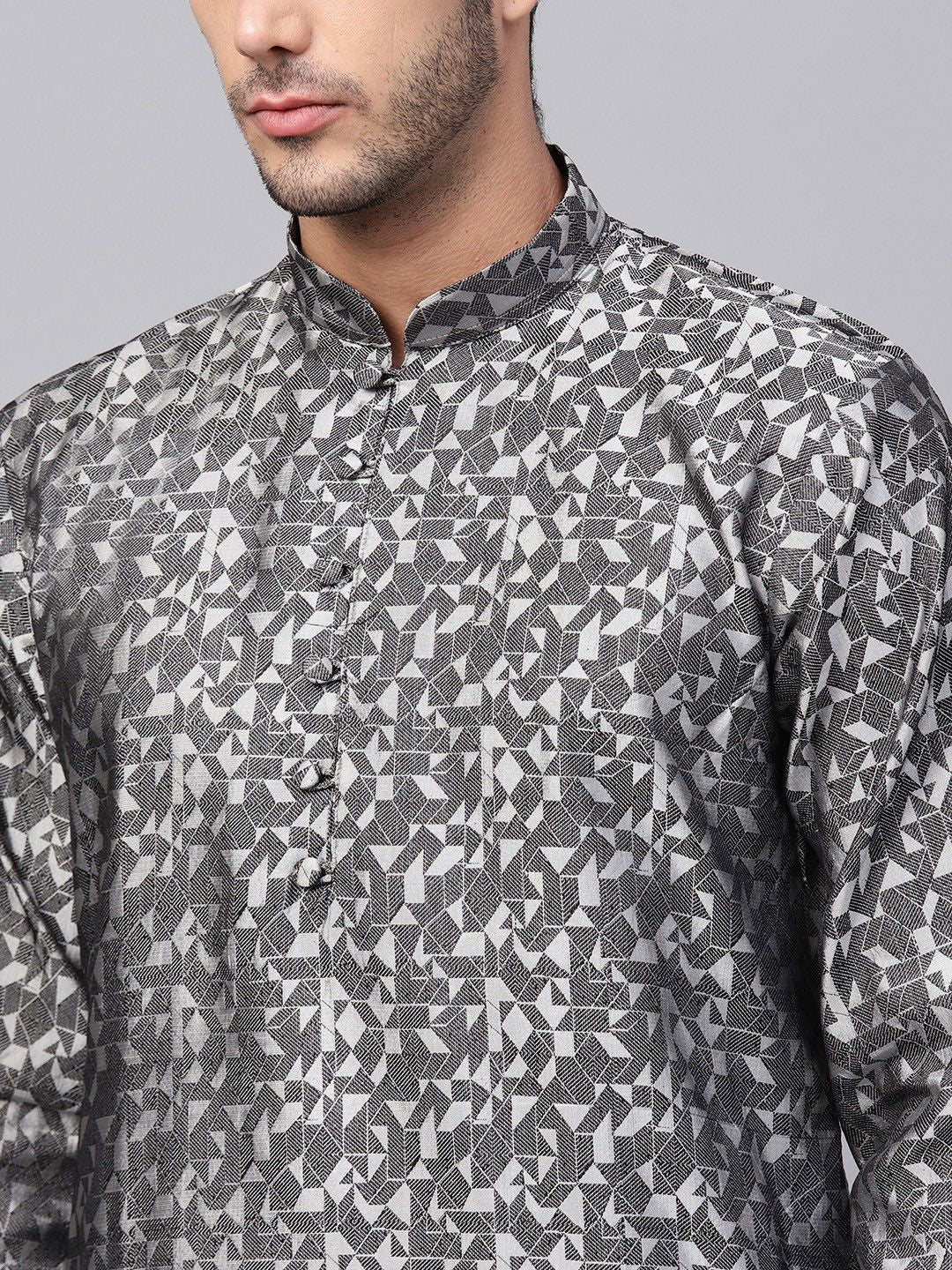 SOJANYA Men Grey & White Woven Design Straight Kurta