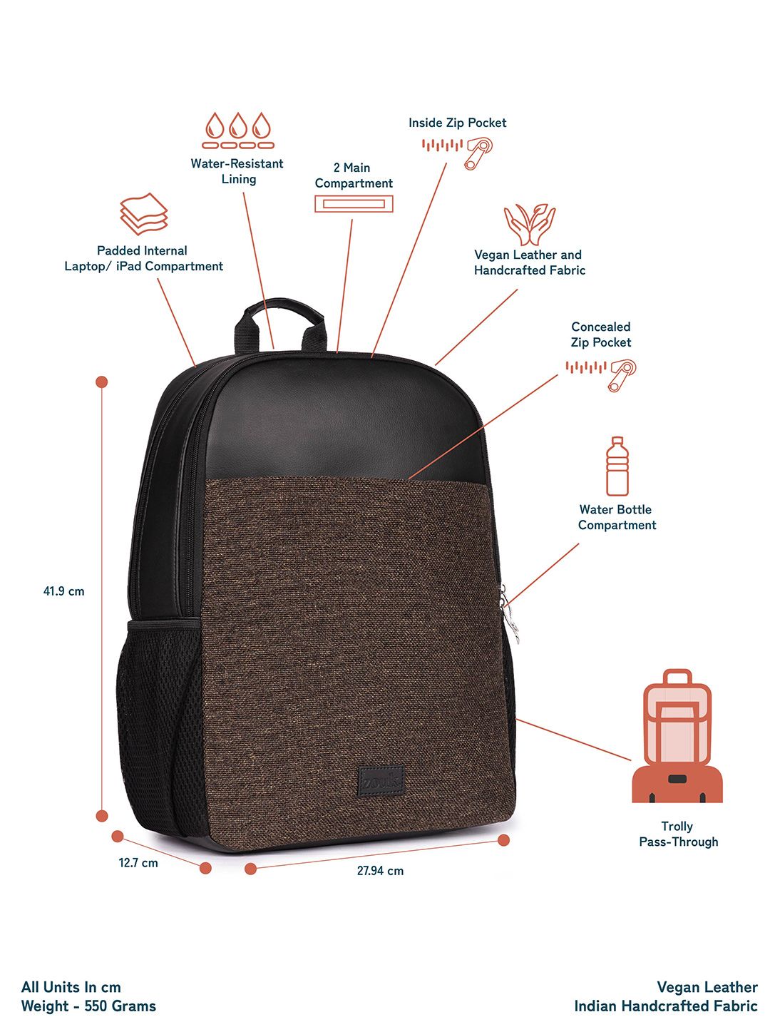 ZOUK Men Textured Water Resistance Backpack Up to 16 inch