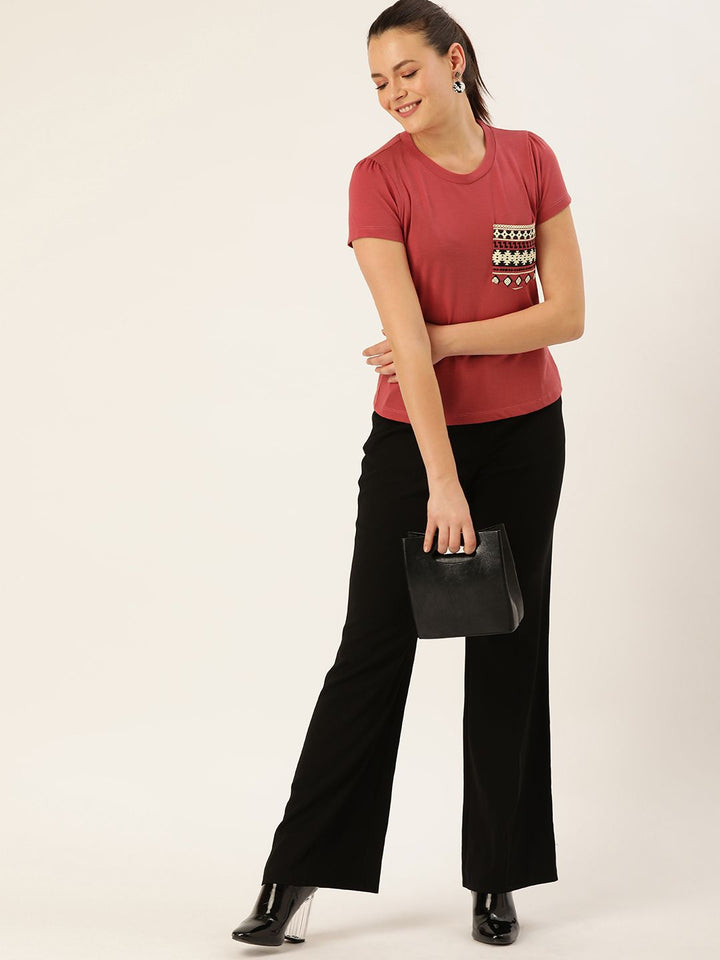 DressBerry Women Coral Red Solid Round Neck T-shirt With Detailed Pocket