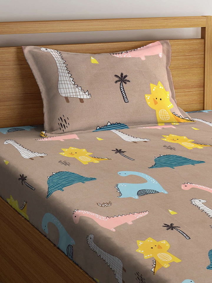 Myntra Elegant Homes Brown Yellow Cartoon Characters Bedsheet & 1 Pillow Covers