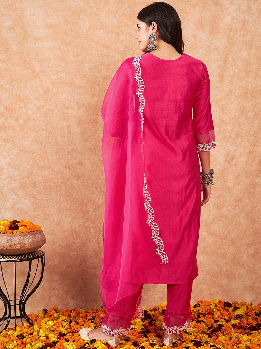 Indo Era Floral Yoke Design Regular Thread Work Kurta With Trousers & Dupatta