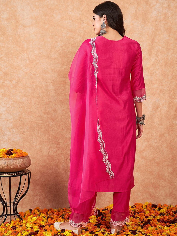 Indo Era Floral Yoke Design Regular Thread Work Kurta With Trousers & Dupatta