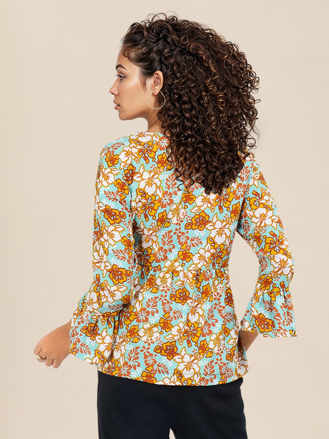 DressBerry Floral Print Bell Sleeve A-Line Top