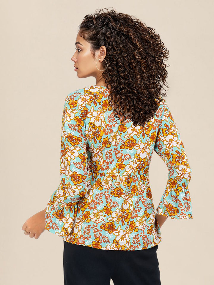 DressBerry Floral Print Bell Sleeve A-Line Top