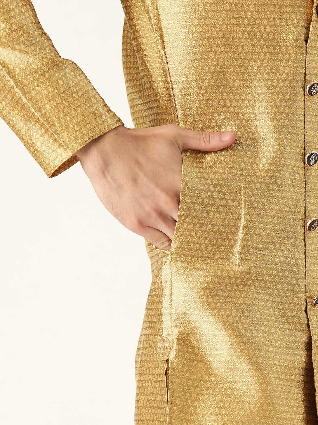SOJANYA Men Golden Woven Design Angrakha Straight Kurta