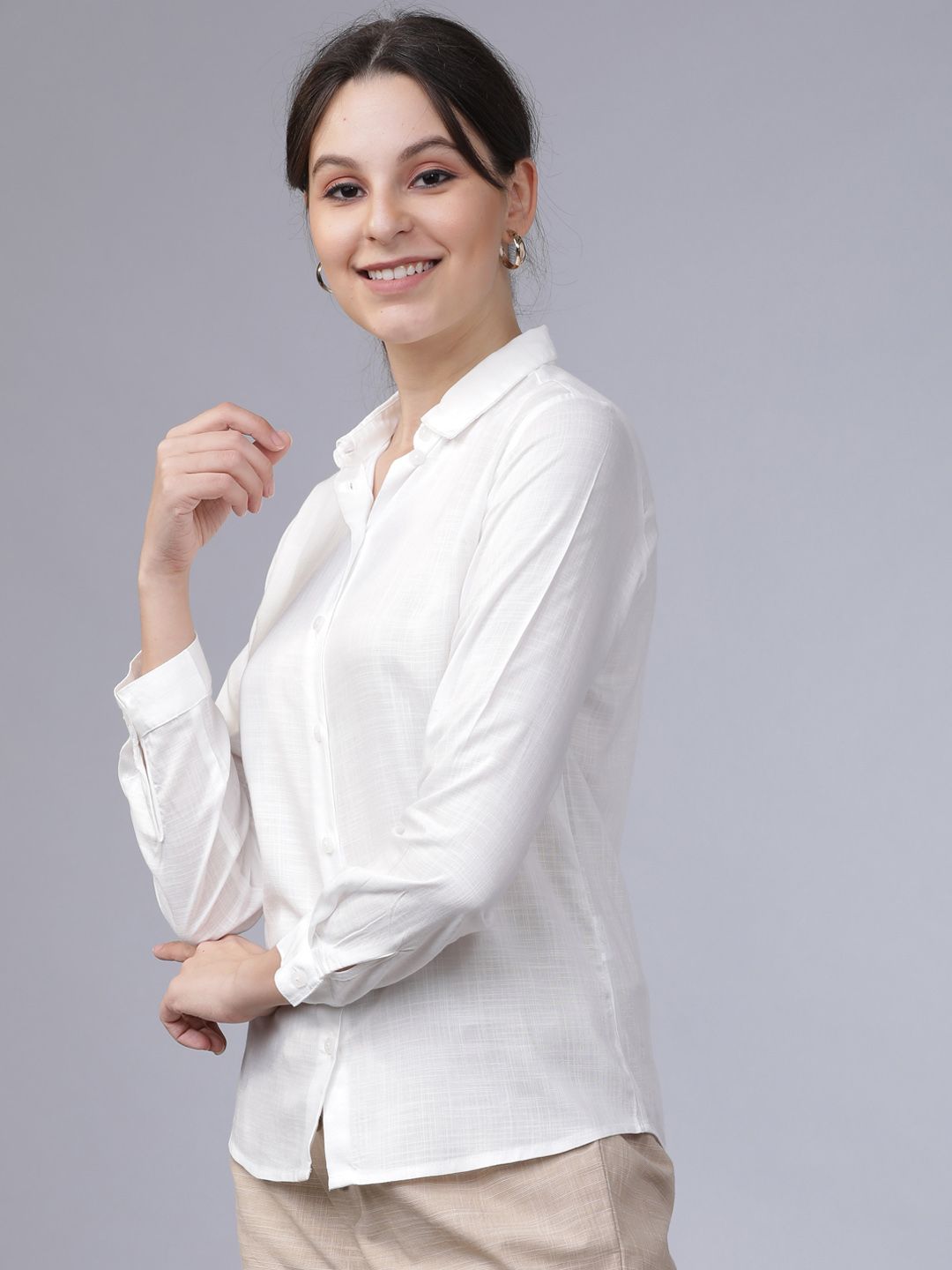 Tokyo Talkies Women Off-White Regular Fit Solid Semiformal Shirt